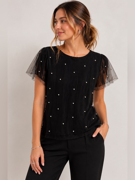 INC International Concepts Tops - INC International Concepts Black Pearl Embellished Blouse Sheer Sleeve Dressy